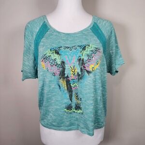 Jessica Simpson Elephant Print Shirt Womens XL Teal Hi Low Knit Top Sequins Tee